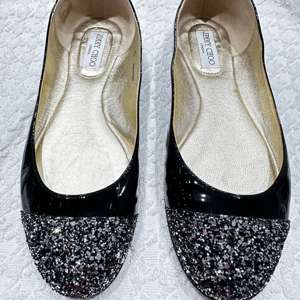 Jimmy Choo Black and Silver Glitter Loafers